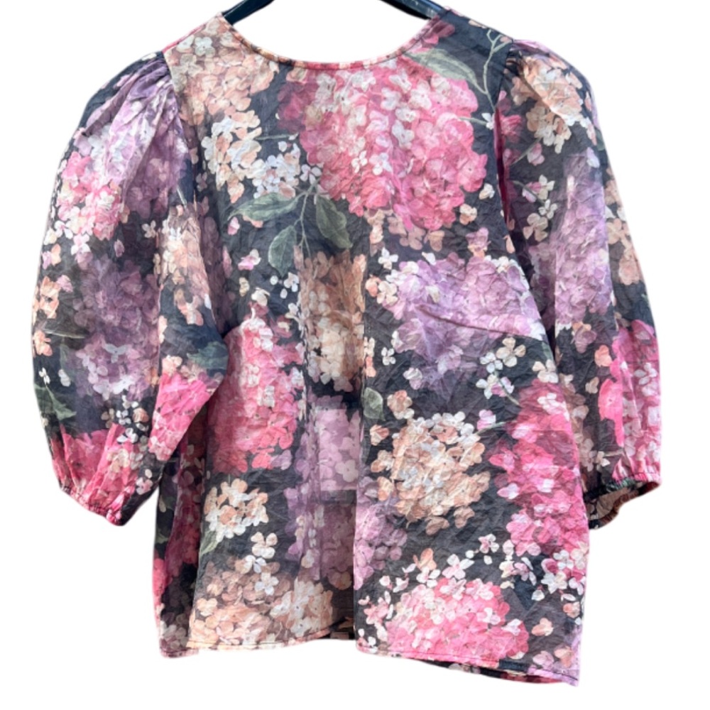H&M NWT Puff Sleeve Top Oversized Sheer Size L Floral Print